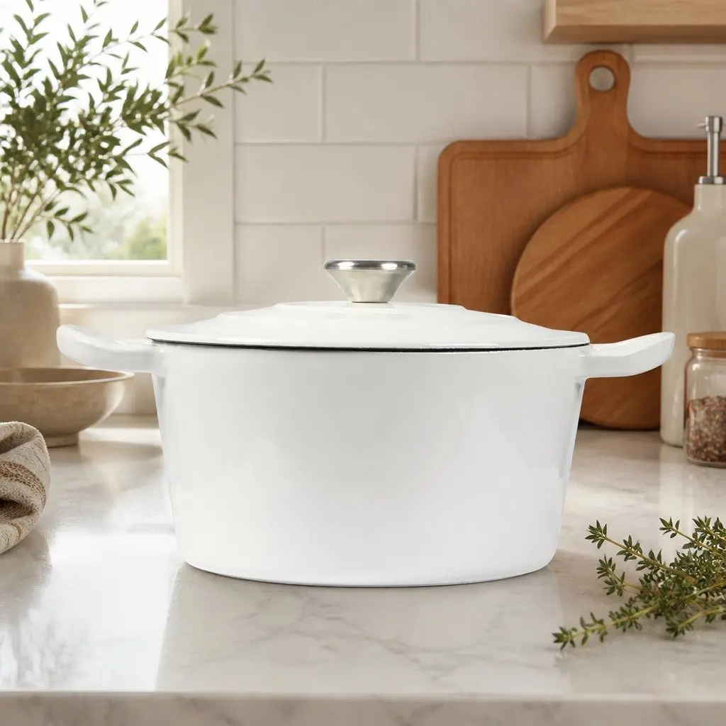 Cast Iron Dutch Oven Pot White 4L Non-Stick Enamel Coating Stovetop Oven Cookware