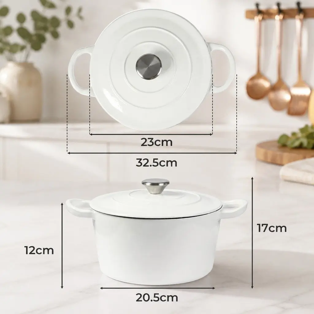 Cast Iron Dutch Oven Pot White 4L Non-Stick Enamel Coating Stovetop Oven Cookware