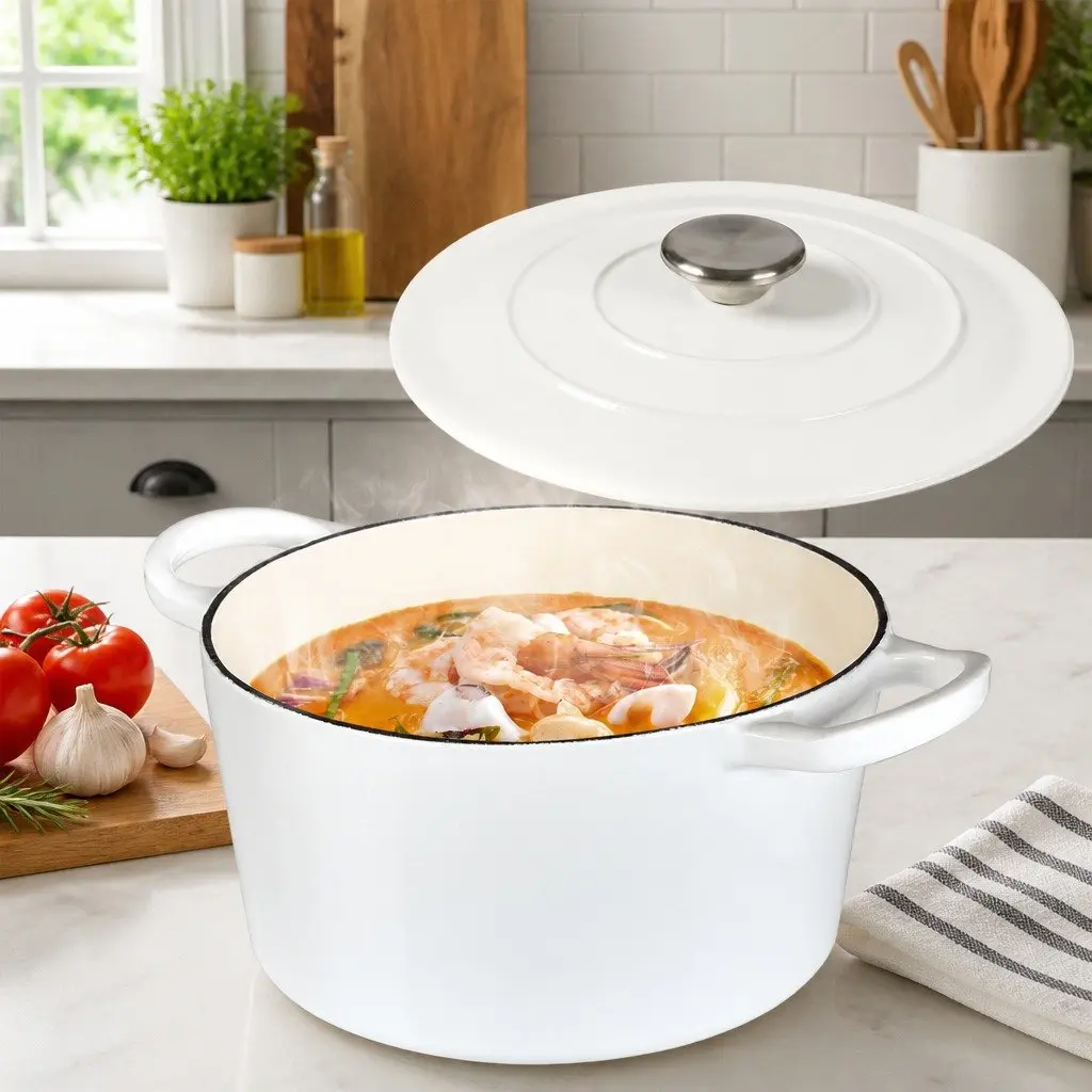 Cast Iron Dutch Oven Pot White 4L Non-Stick Enamel Coating Stovetop Oven Cookware