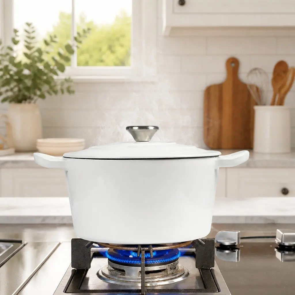 Cast Iron Dutch Oven Pot White 4L Non-Stick Enamel Coating Stovetop Oven Cookware