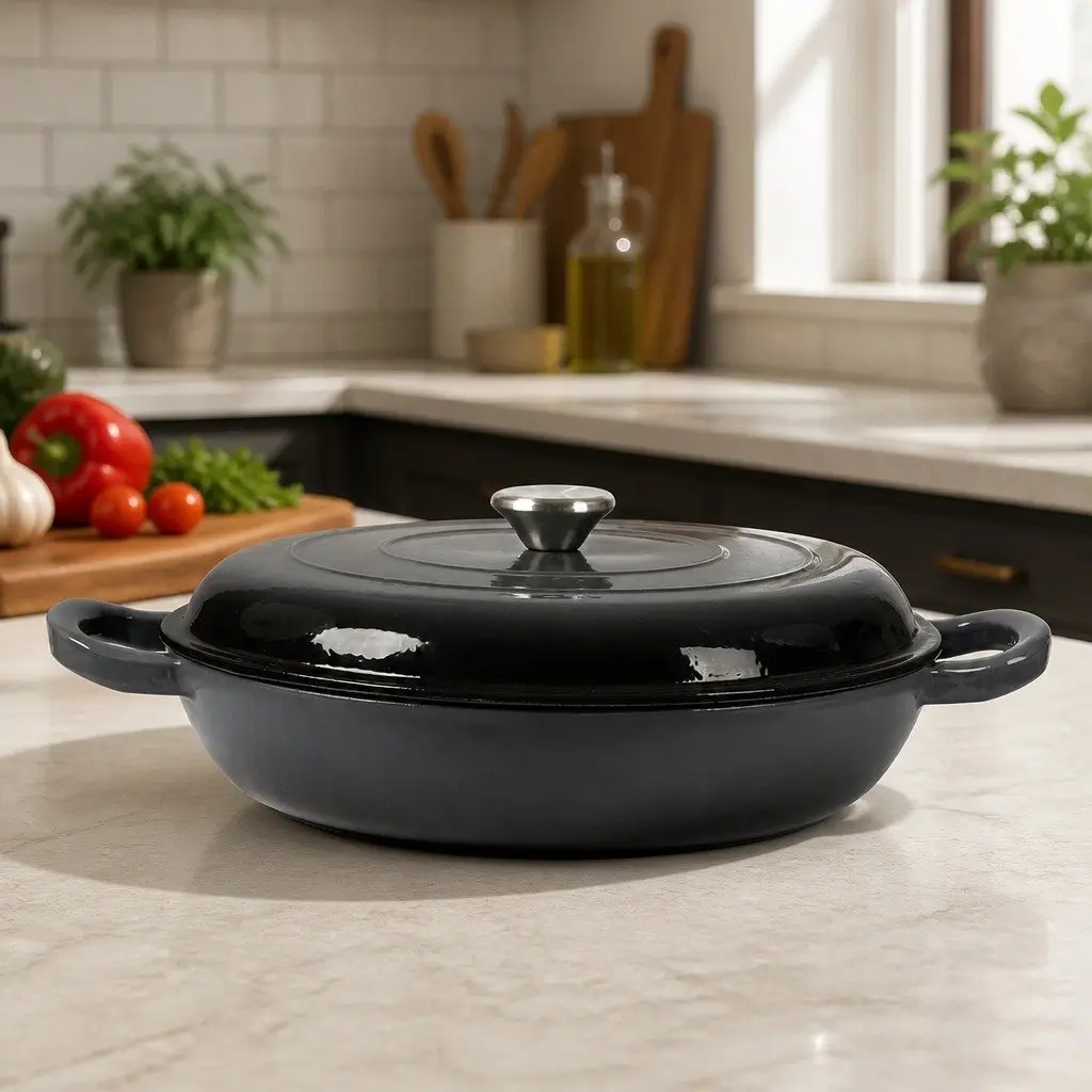 Cast Iron Dutch Oven 3.5L Enamel Shallow Pan Stovetop Oven Cooking Pot
