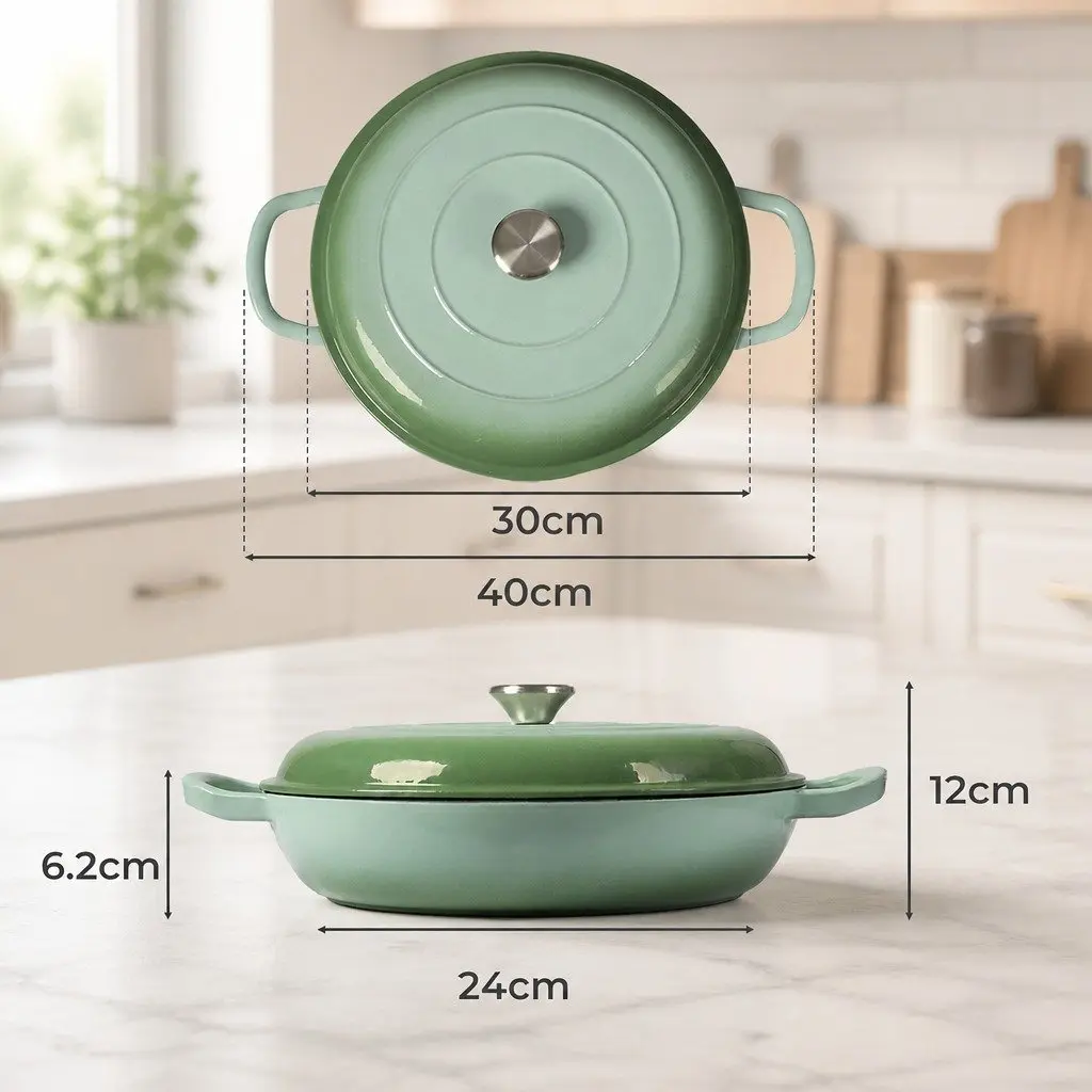 Cast Iron Dutch Oven Green 3.5L Enamel Coated Stovetop Oven Cooking Pan