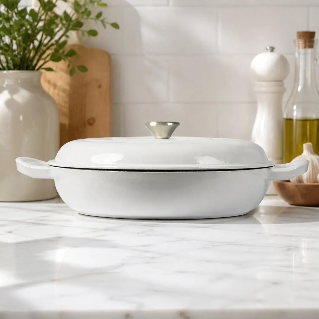 Cast Iron Dutch Oven White 3.5L Enamel Shallow Pan Non-Stick Heat Retention Cookware