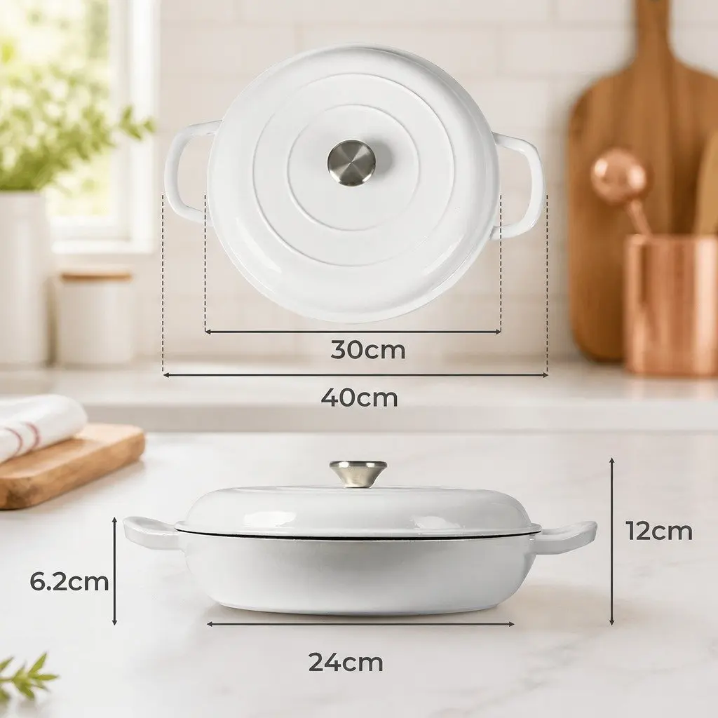 Cast Iron Dutch Oven White 3.5L Enamel Shallow Pan Non-Stick Heat Retention Cookware