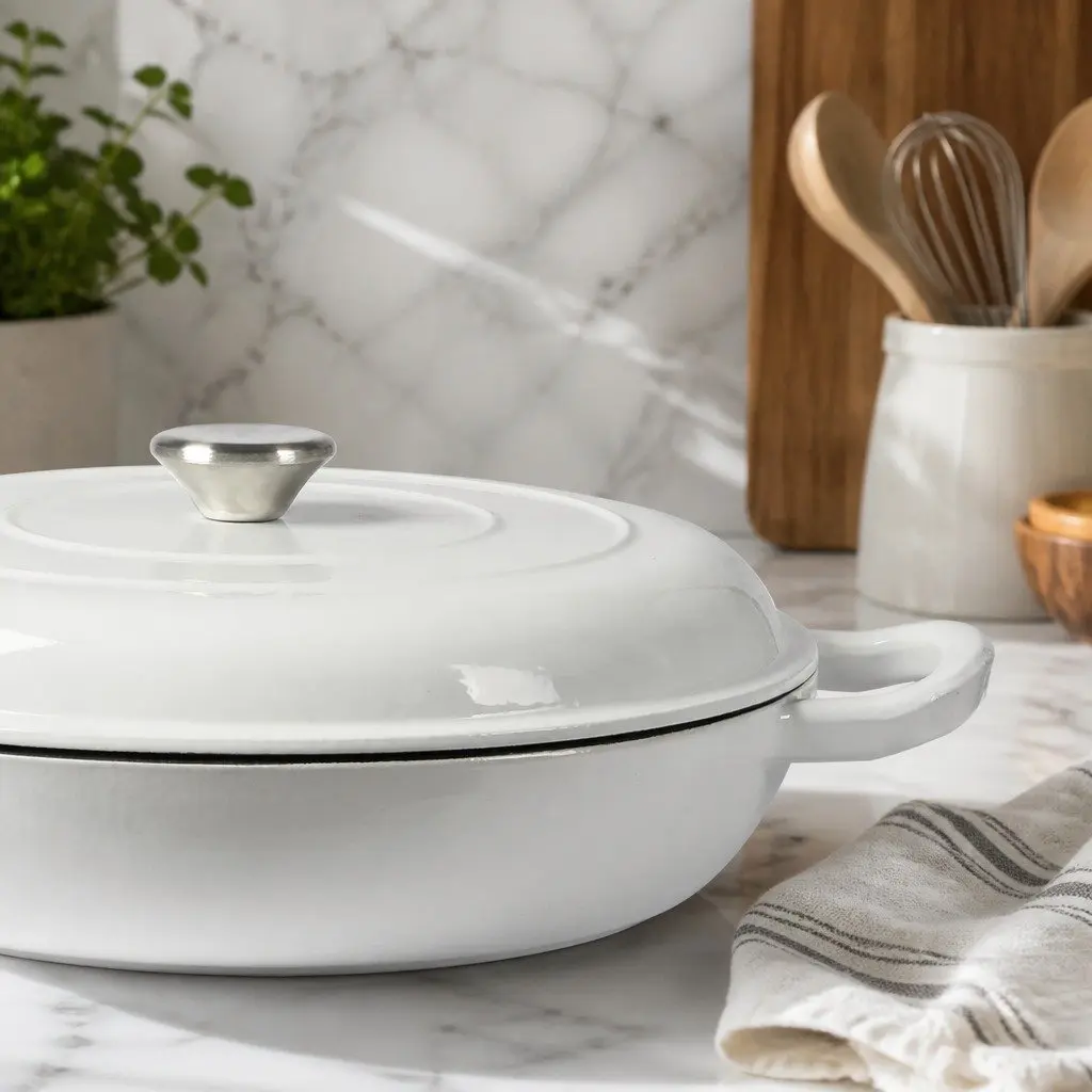 Cast Iron Dutch Oven White 3.5L Enamel Shallow Pan Non-Stick Heat Retention Cookware