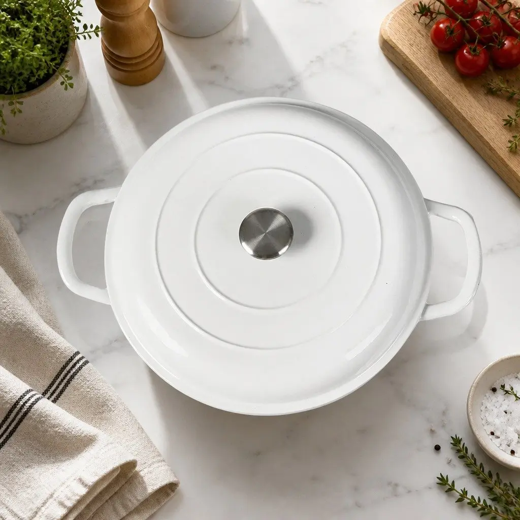 Cast Iron Dutch Oven White 3.5L Enamel Shallow Pan Non-Stick Heat Retention Cookware