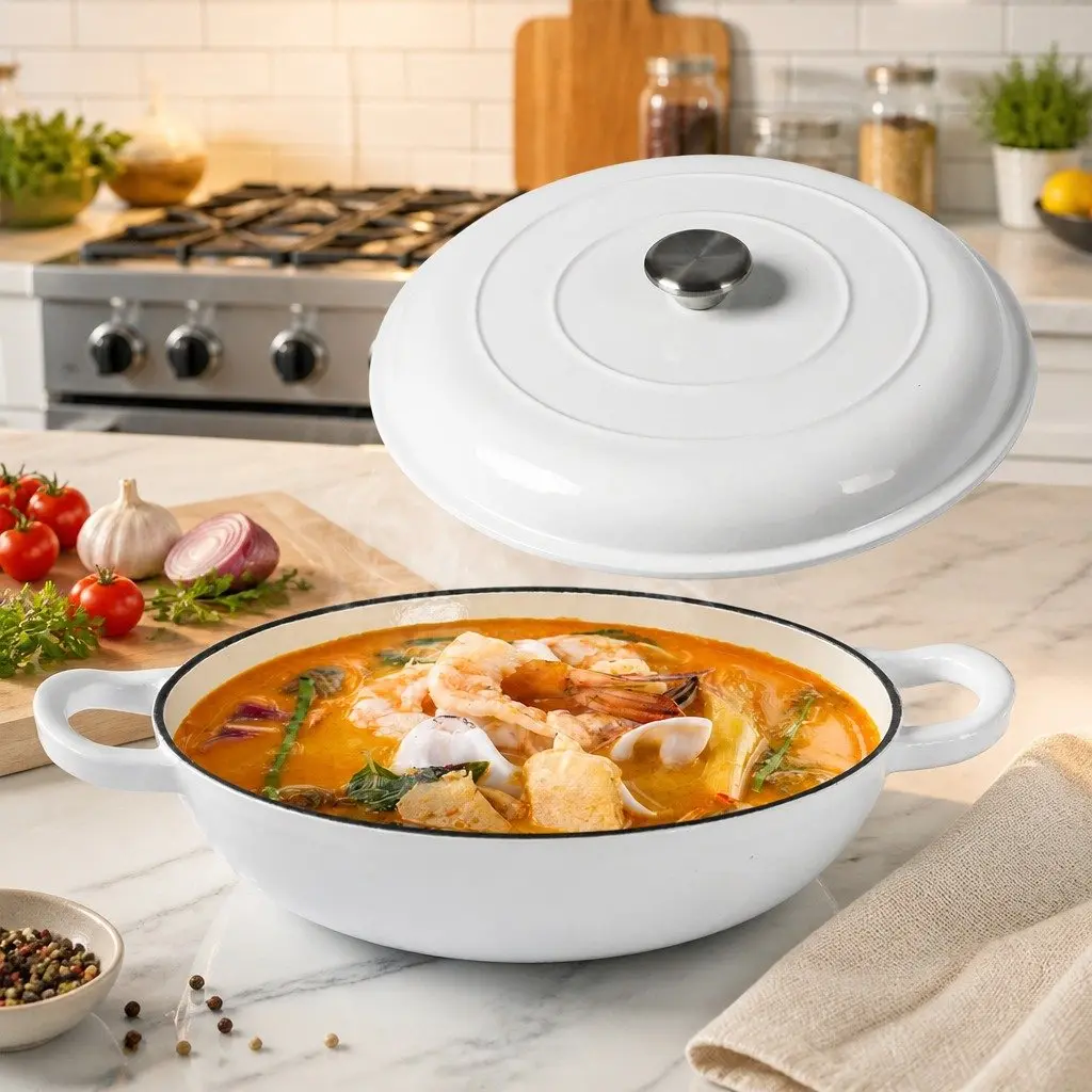 Cast Iron Dutch Oven White 3.5L Enamel Shallow Pan Non-Stick Heat Retention Cookware