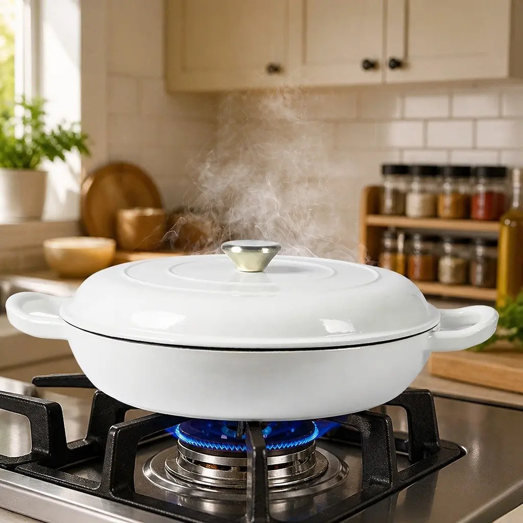 Cast Iron Dutch Oven White 3.5L Enamel Shallow Pan Non-Stick Heat Retention Cookware