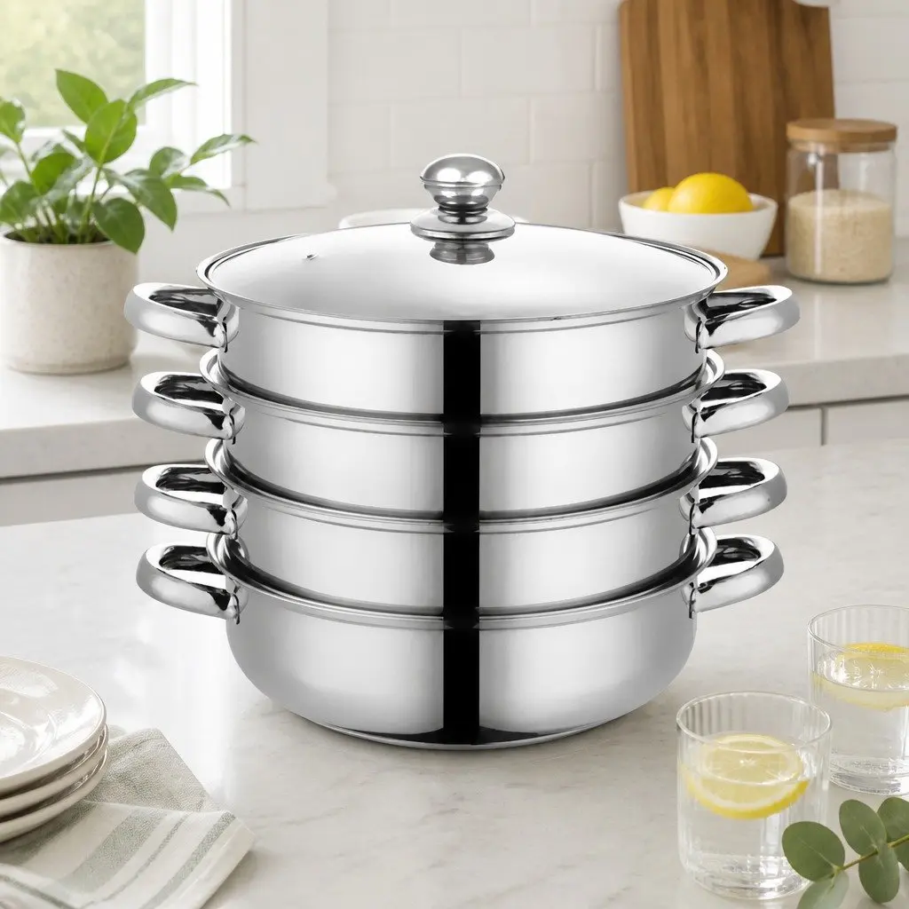4 Layer Stainless Steel Steamer Silver with Glass Lid for Vegetable Meat Cooking