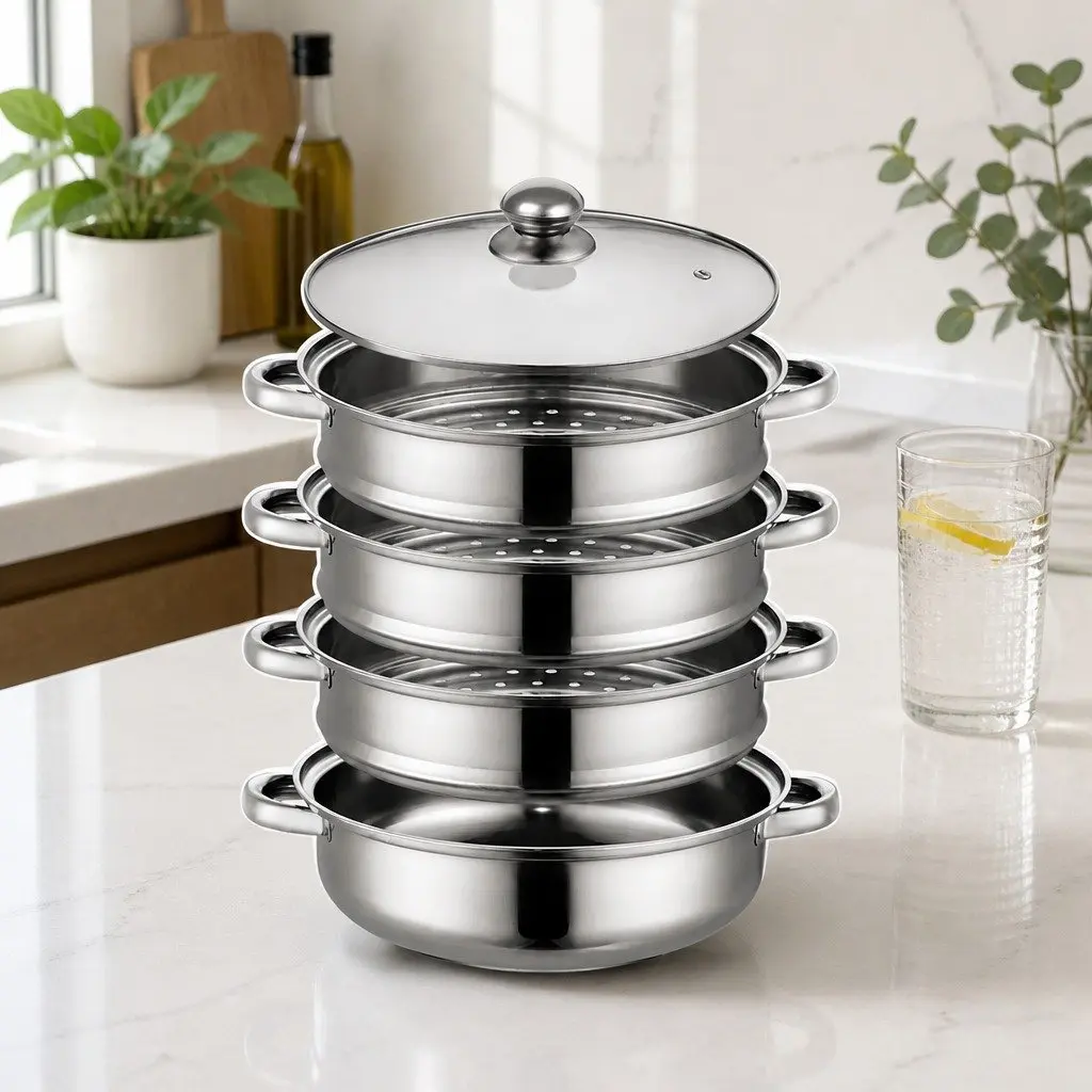 4 Layer Stainless Steel Steamer Silver with Glass Lid for Vegetable Meat Cooking