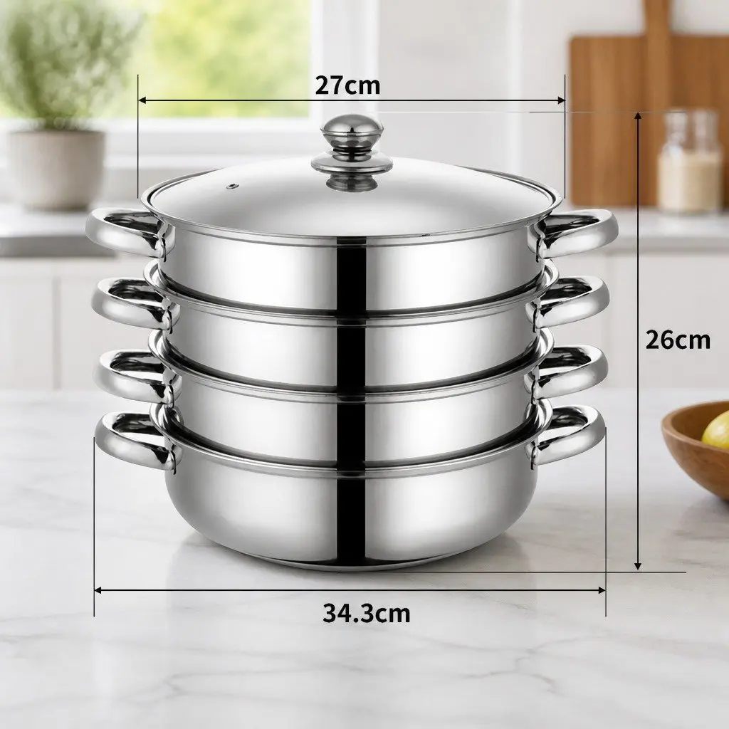 4 Layer Stainless Steel Steamer Silver with Glass Lid for Vegetable Meat Cooking