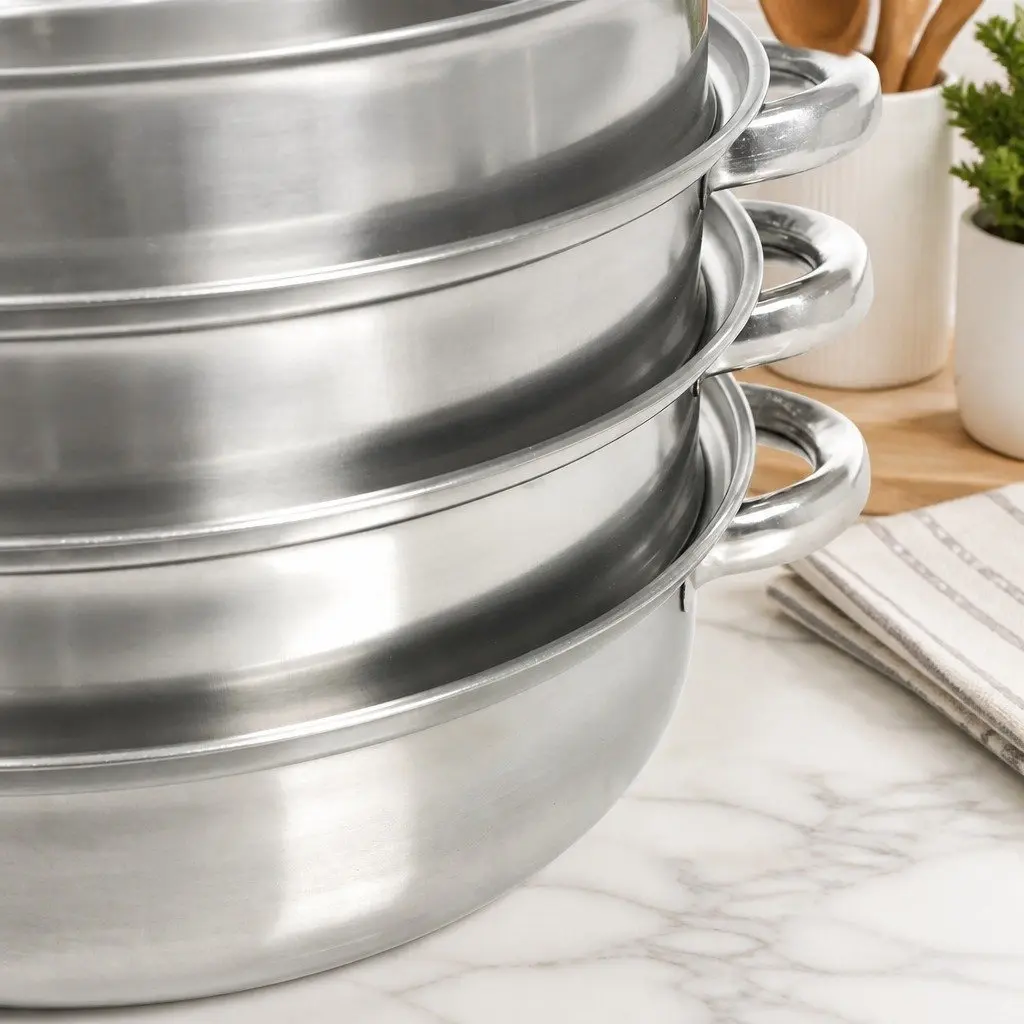 4 Layer Stainless Steel Steamer Silver with Glass Lid for Vegetable Meat Cooking