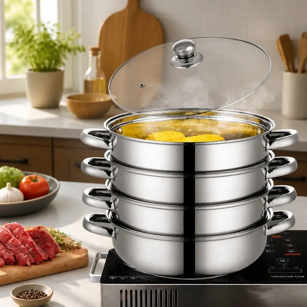4 Layer Stainless Steel Steamer Silver with Glass Lid for Vegetable Meat Cooking
