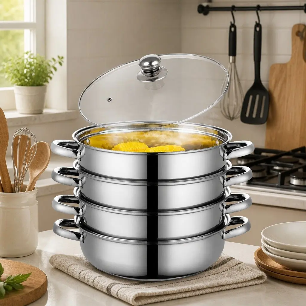 4 Layer Stainless Steel Steamer Silver with Glass Lid for Vegetable Meat Cooking