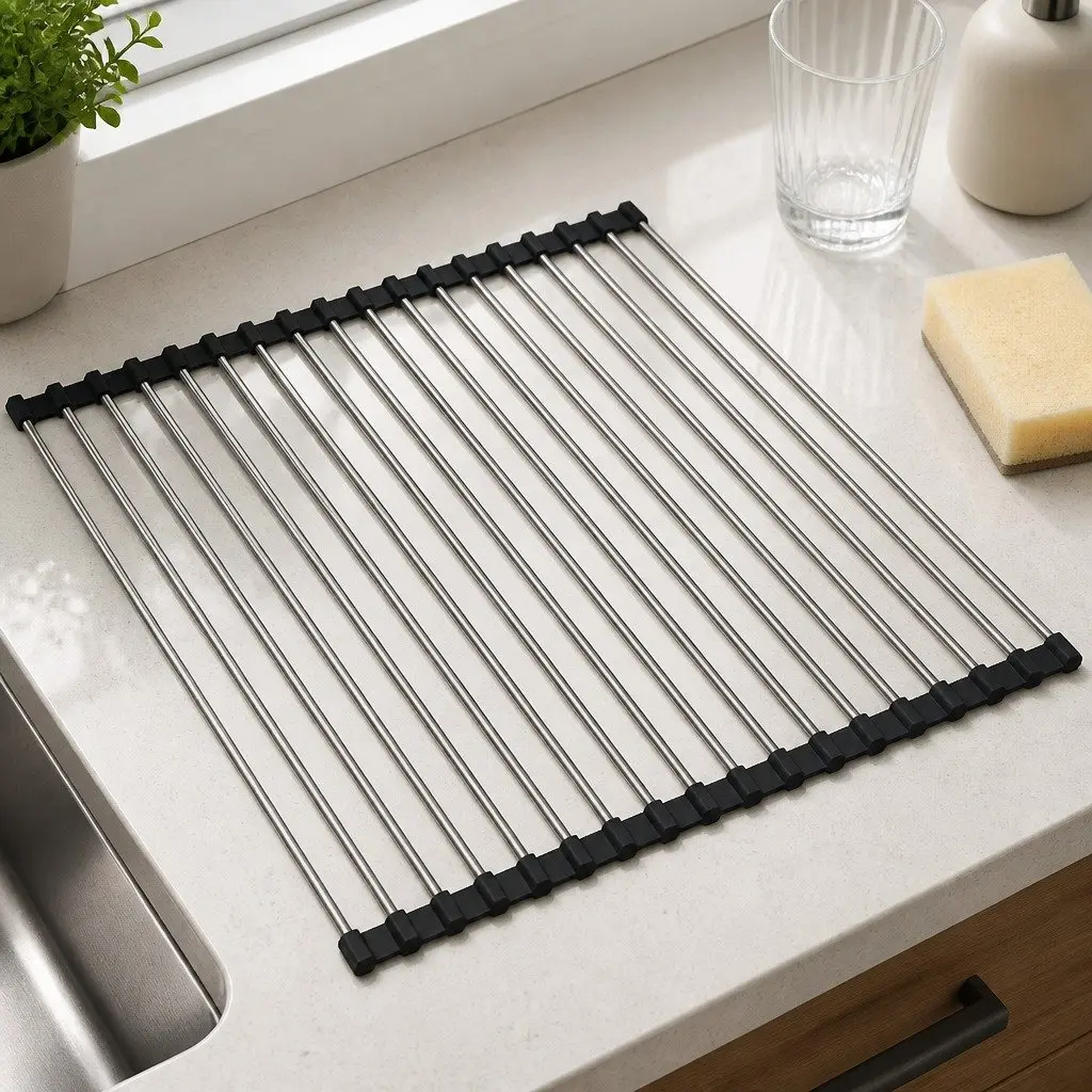 Dish Drying Rack Silver 47cm Rollable Stainless Steel Kitchen Drainer with Removable Pipe
