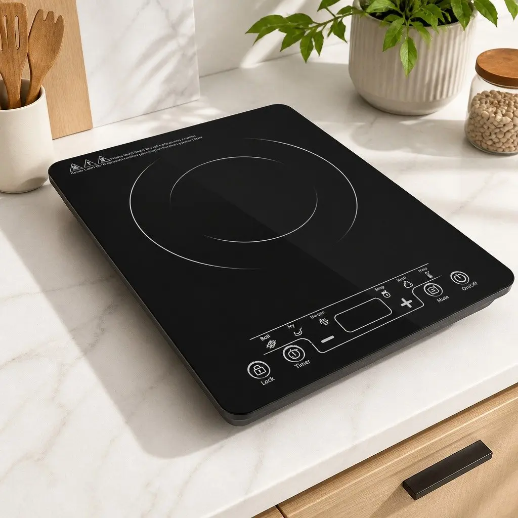 Induction Cooktop Black Single Burner Portable Electric Cooking with Variable Power Settings and Timer Function