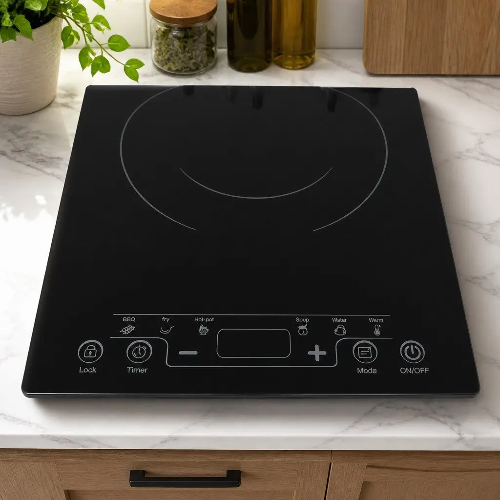 Induction Cooktop Black Single Burner Portable Electric Cooking with Variable Power Settings and Timer Function