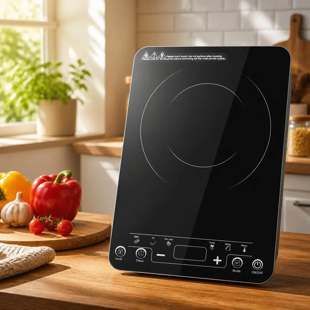 Induction Cooktop Black Single Burner Portable Electric Cooking with Variable Power Settings and Timer Function