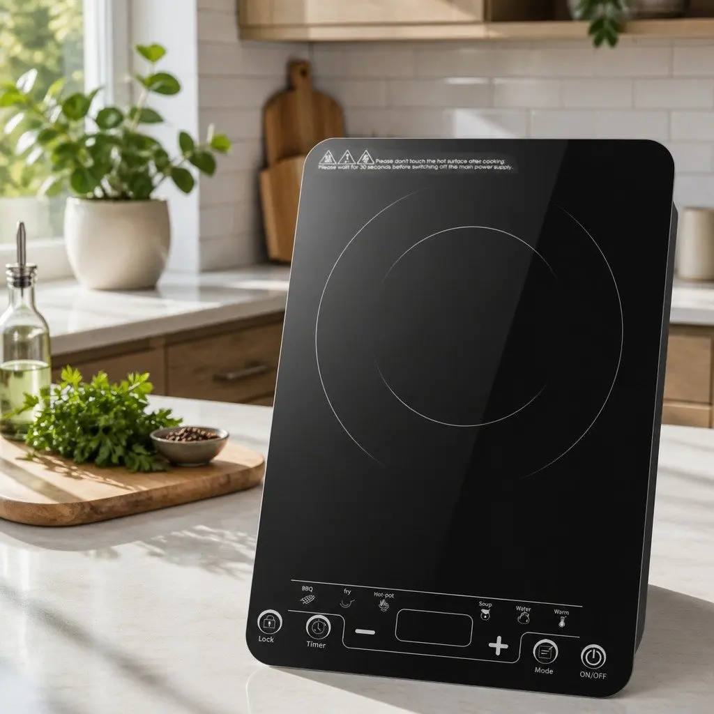 Induction Cooktop Black Single Burner Portable Electric Cooking with Variable Power Settings and Timer Function