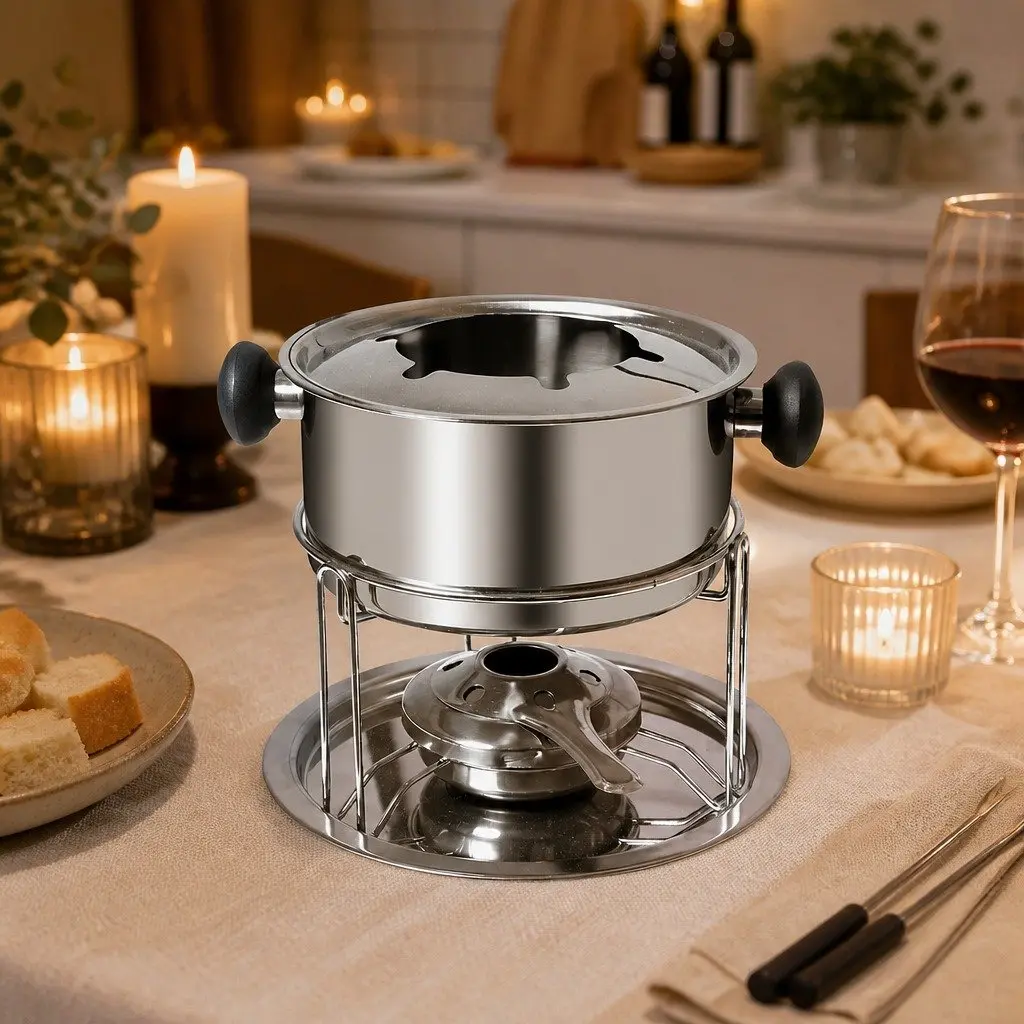 Fondue Set Silver 12 Piece Stainless Steel Pot Burner Forks Adjustable Flame