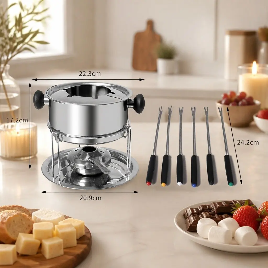 Fondue Set Silver 12 Piece Stainless Steel Pot Burner Forks Adjustable Flame