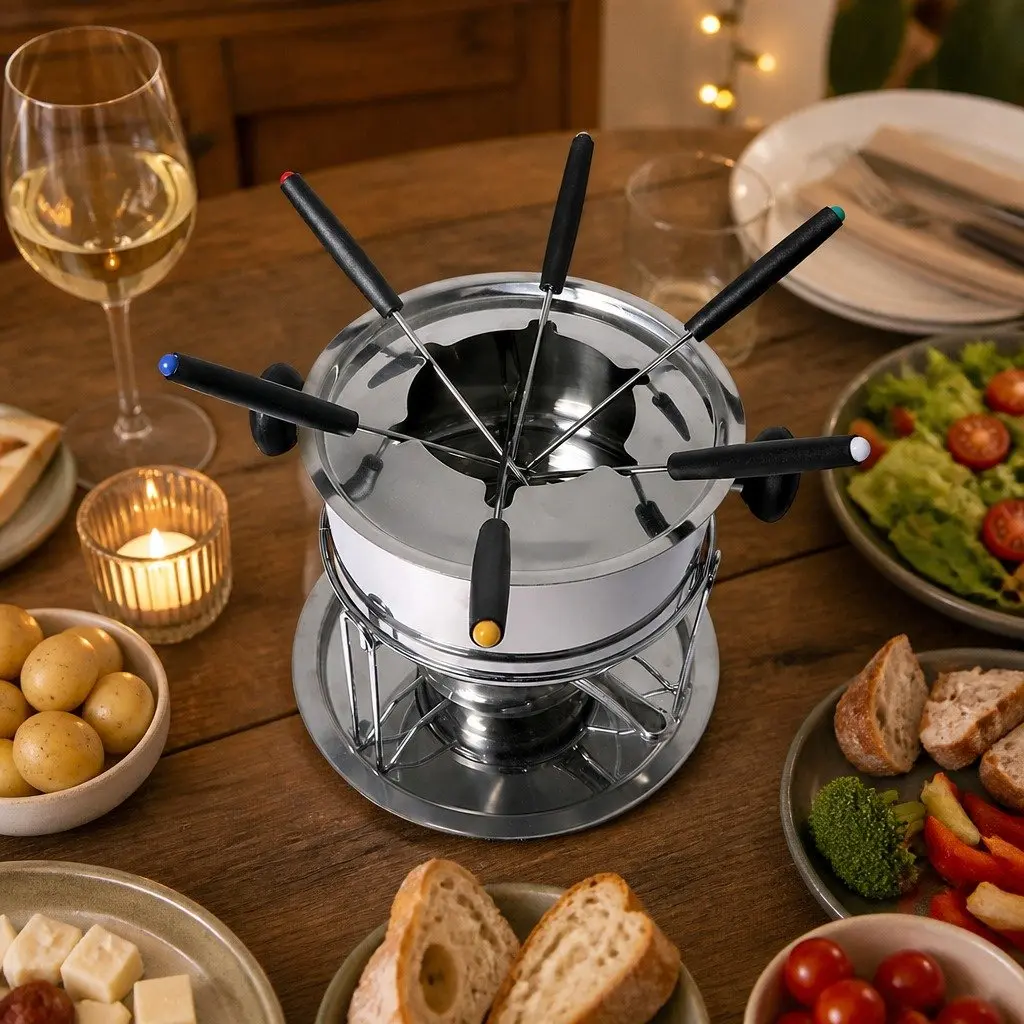 Fondue Set Silver 12 Piece Stainless Steel Pot Burner Forks Adjustable Flame