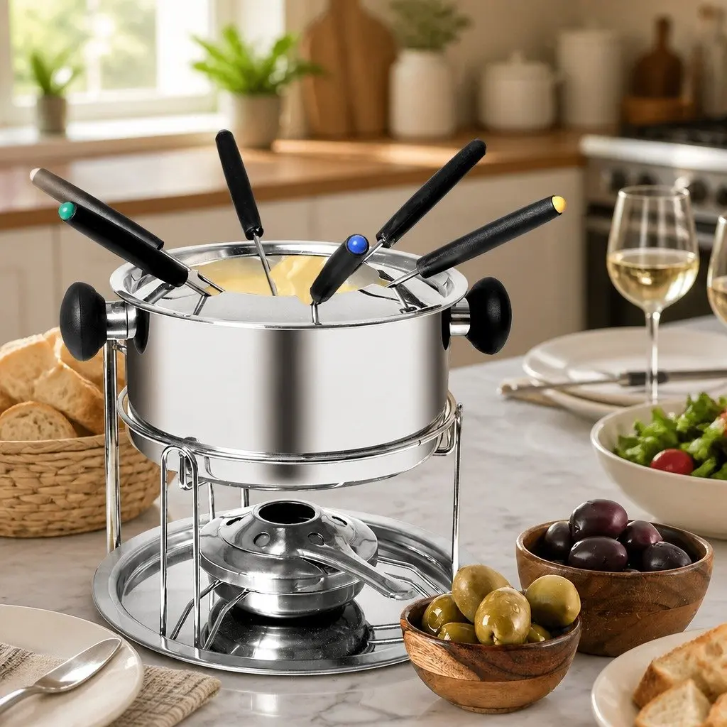 Fondue Set Silver 12 Piece Stainless Steel Pot Burner Forks Adjustable Flame