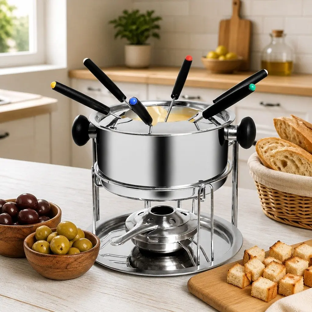 Fondue Set Silver 12 Piece Stainless Steel Pot Burner Forks Adjustable Flame