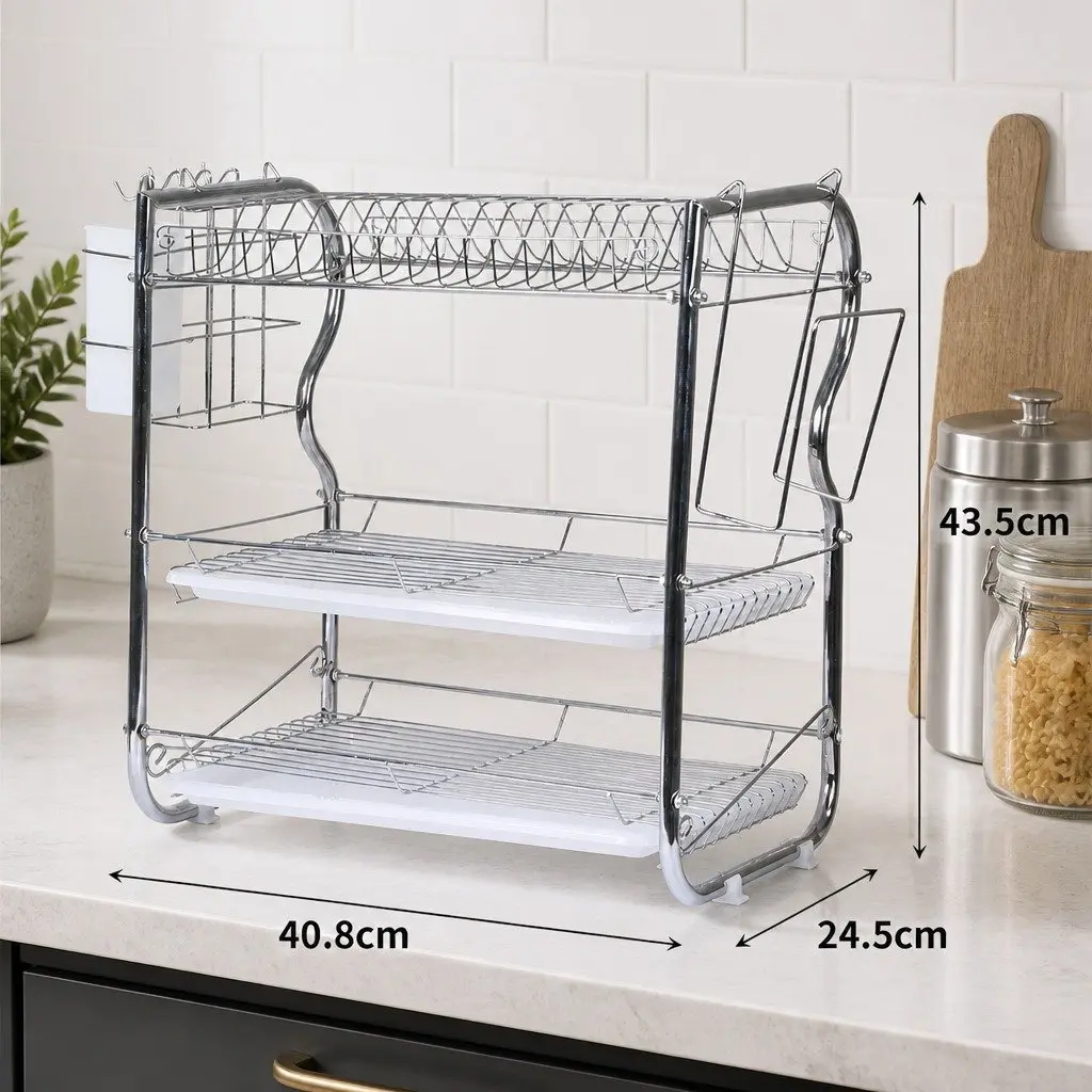 3-Tier Dish Rack Drainer Drying Kitchen Organizer with Side Rack Removable Tray