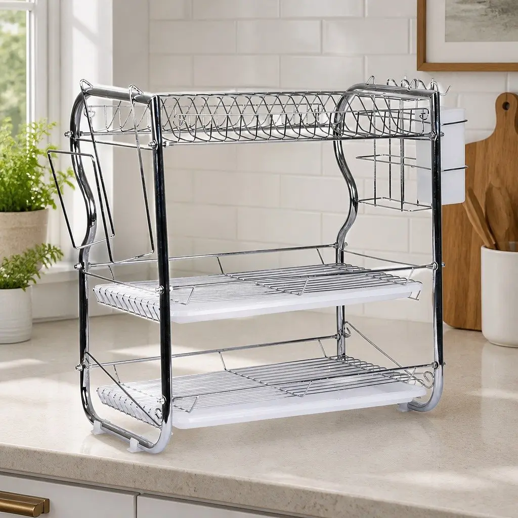 3-Tier Dish Rack Drainer Drying Kitchen Organizer with Side Rack Removable Tray