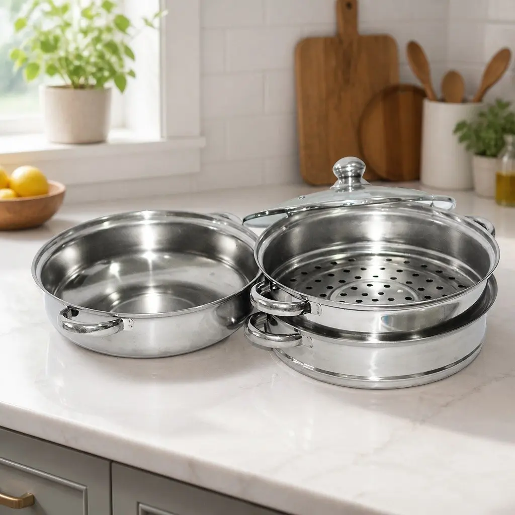 Stainless Steel 3 Layer Steamer Silver 27cm Glass Lid Cooking Kitchen