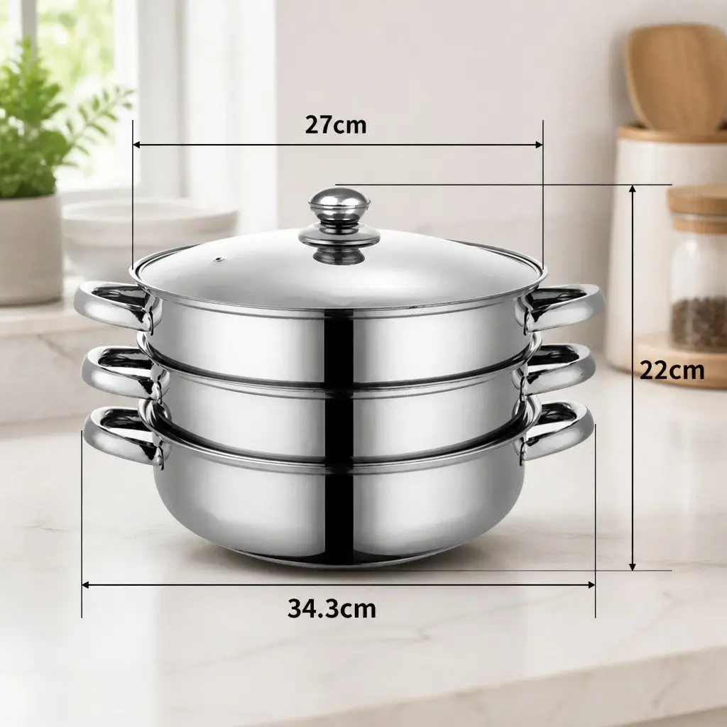 Stainless Steel 3 Layer Steamer Silver 27cm Glass Lid Cooking Kitchen