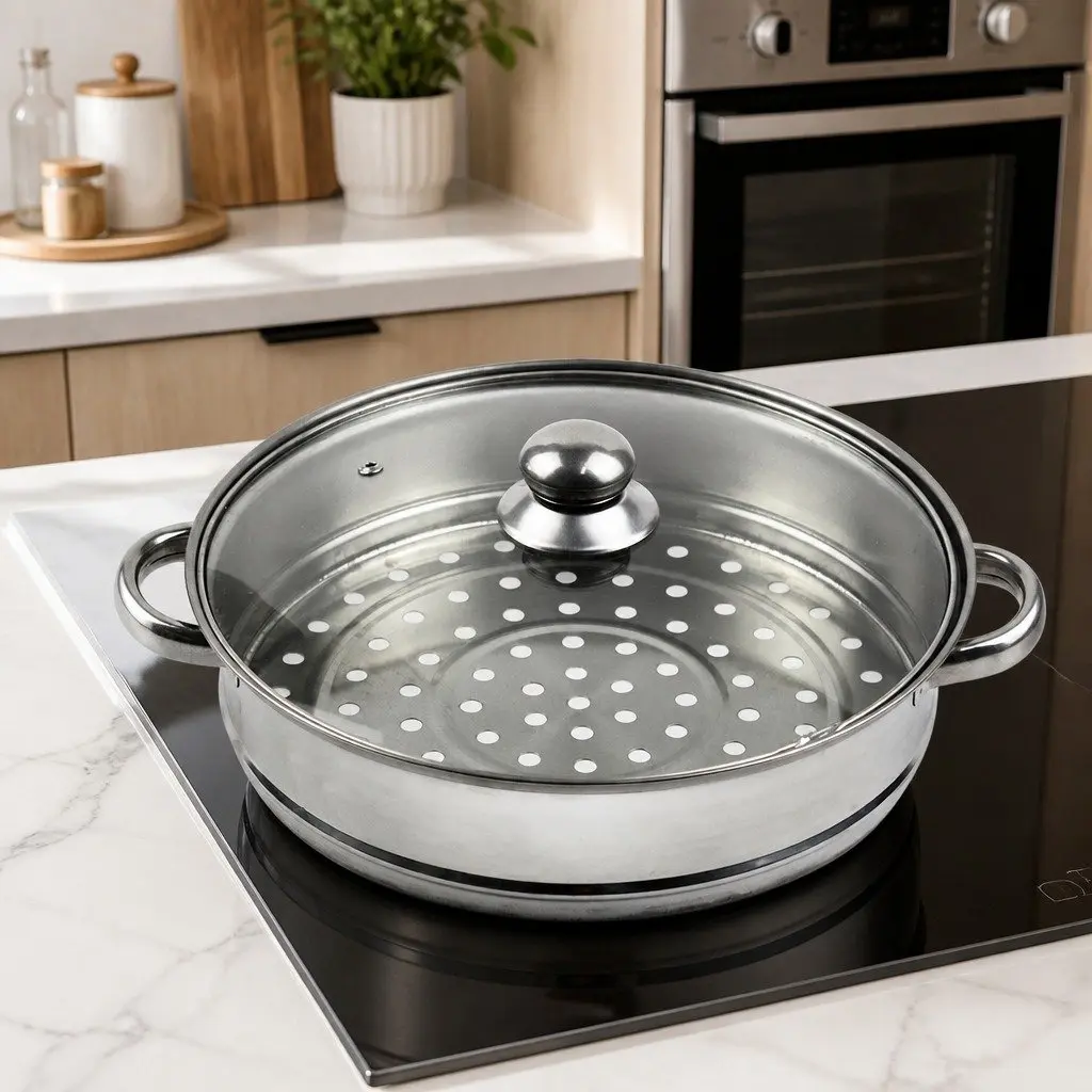 Stainless Steel 3 Layer Steamer Silver 27cm Glass Lid Cooking Kitchen