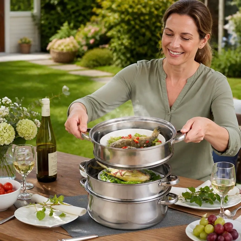 Stainless Steel 3 Layer Steamer Silver 27cm Glass Lid Cooking Kitchen