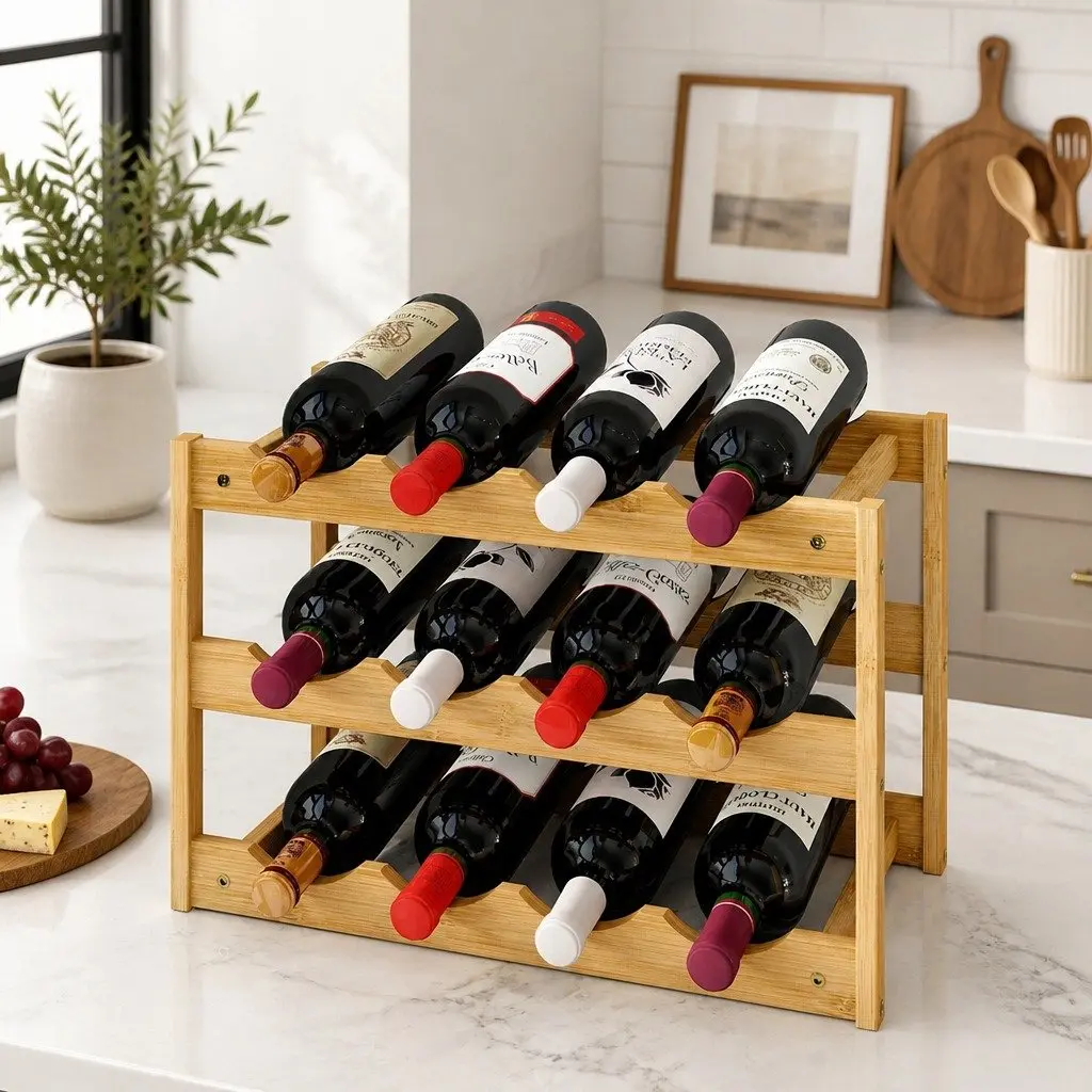 Bamboo Wine Rack Natural 3-Tier Organizer Storage Holder Display for 12 Bottles Kitchen Home