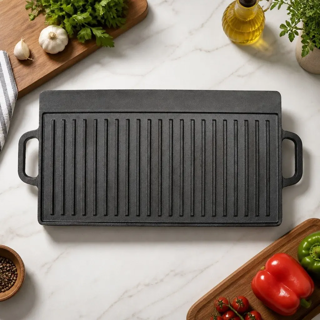 Cast Iron Griddle Pan Black 49.5cm Reversible Smooth and Ribbed Grill Surfaces