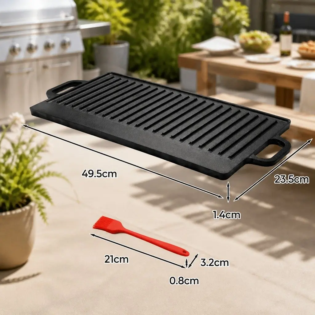 Cast Iron Griddle Pan Black 49.5cm Reversible Smooth and Ribbed Grill Surfaces