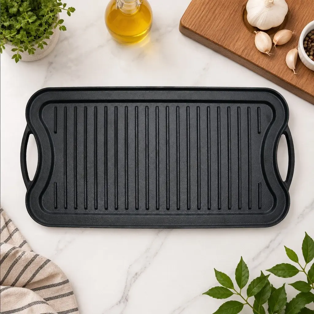 Cast Iron Griddle Pan Black 50.5cm Reversible Dual-Sided Non-Stick Frying Skillet