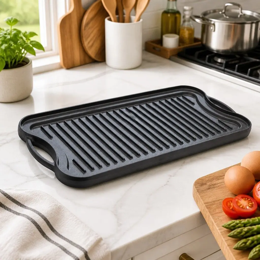 Cast Iron Griddle Pan Black 50.5cm Reversible Dual-Sided Non-Stick Frying Skillet