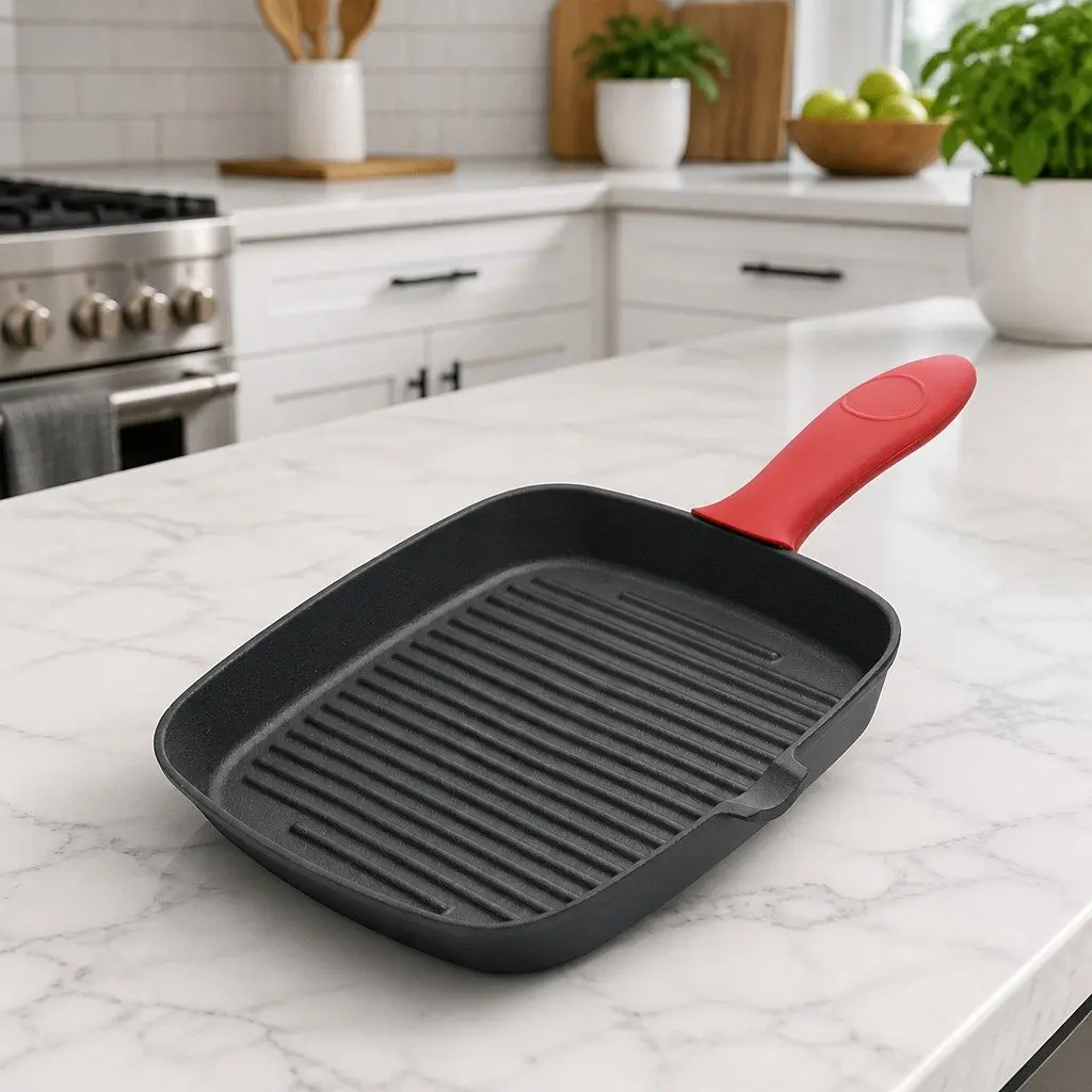 Cast Iron Square Grill Pan Black 23.5 cm Heavy Duty Pre-Seasoned Non-Stick Surface with Spouts for Pouring