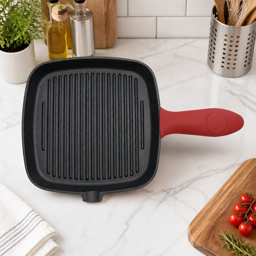 Cast Iron Square Grill Pan Black 23.5 cm Heavy Duty Pre-Seasoned Non-Stick Surface with Spouts for Pouring