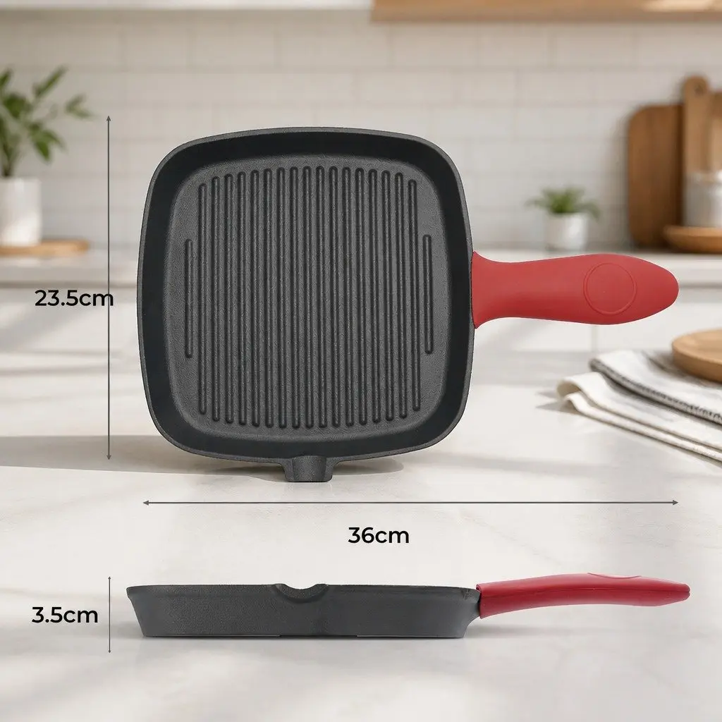 Cast Iron Square Grill Pan Black 23.5 cm Heavy Duty Pre-Seasoned Non-Stick Surface with Spouts for Pouring
