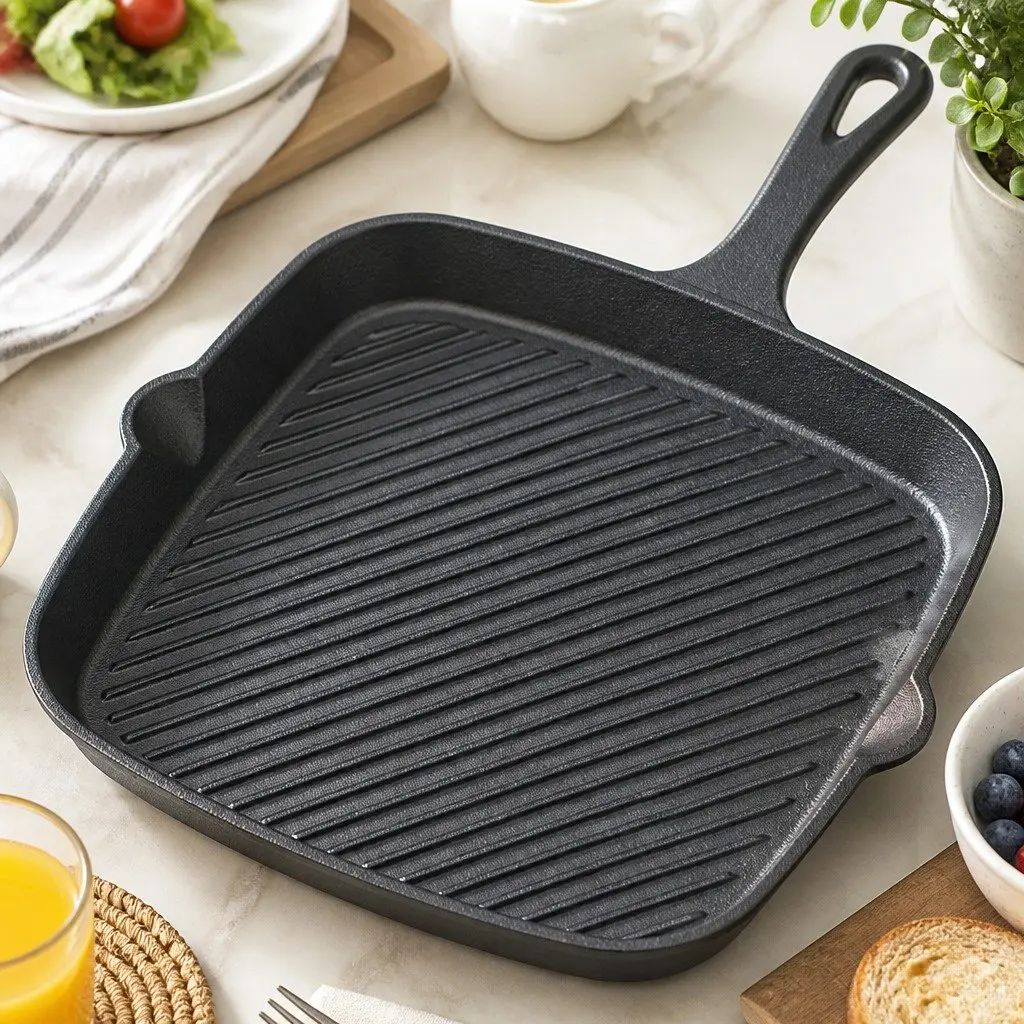 Cast Iron Square Grill Pan Black 23.5 cm Heavy Duty Pre-Seasoned Non-Stick Surface with Spouts for Pouring