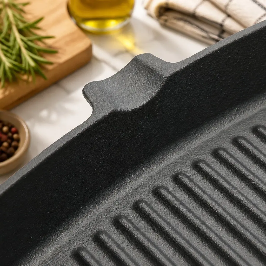 Cast Iron Square Grill Pan Black 23.5 cm Heavy Duty Pre-Seasoned Non-Stick Surface with Spouts for Pouring