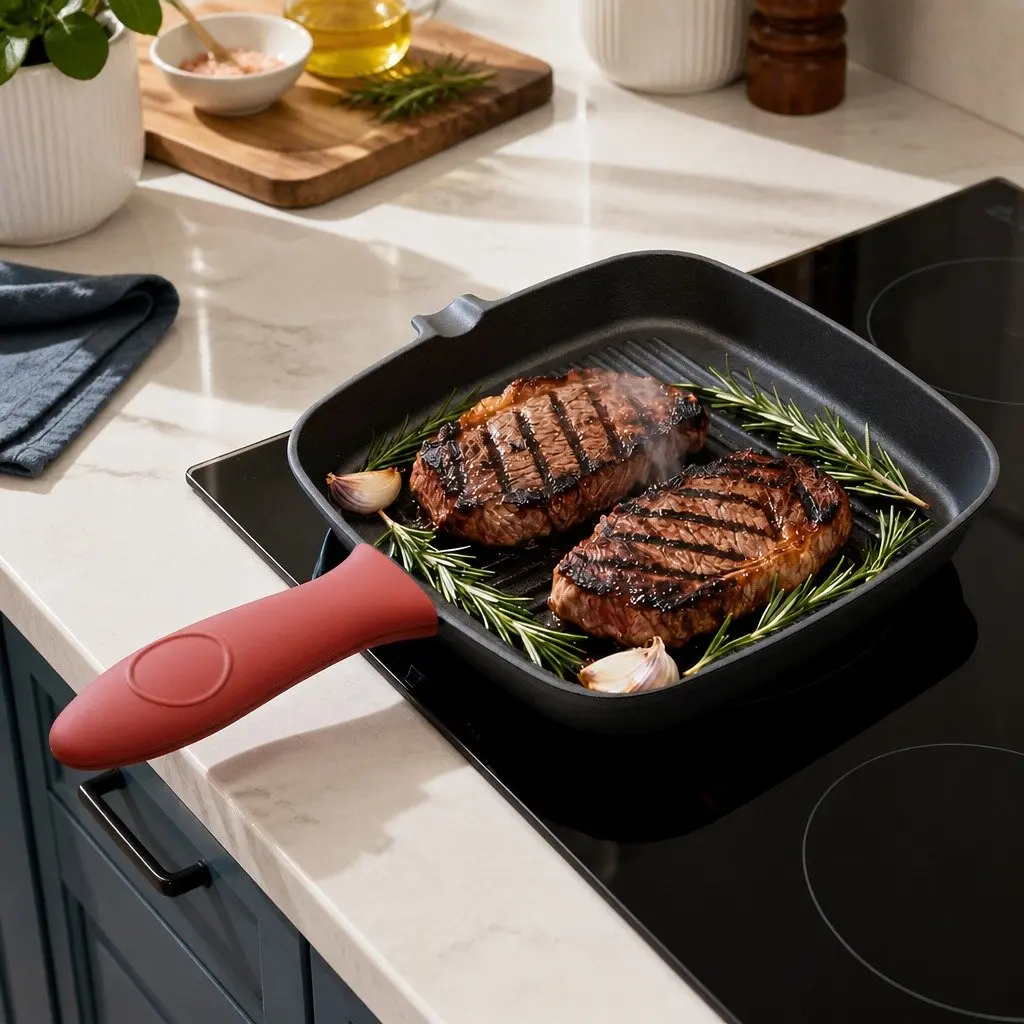 Cast Iron Square Grill Pan Black 23.5 cm Heavy Duty Pre-Seasoned Non-Stick Surface with Spouts for Pouring