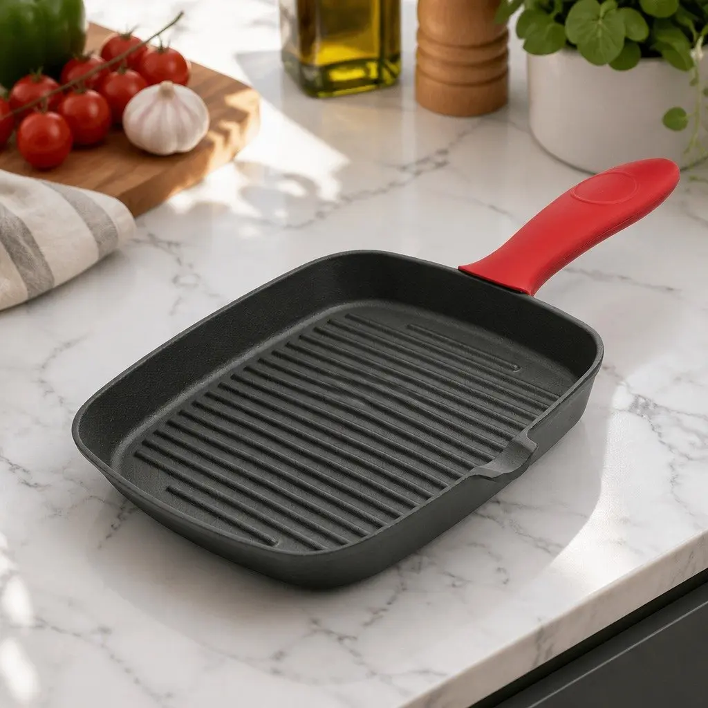 Cast Iron Square Grill Pan Black 23.5 cm Heavy Duty Pre-Seasoned Non-Stick Surface with Spouts for Pouring