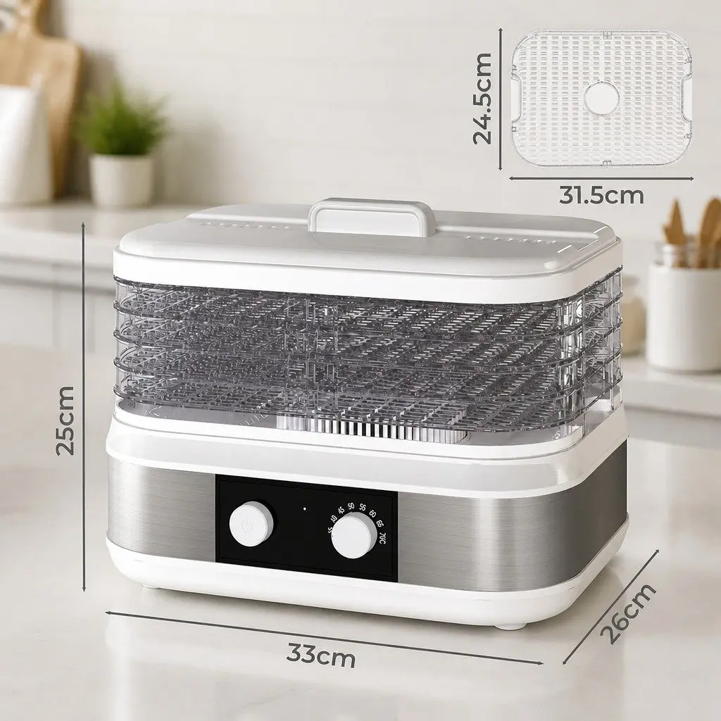 Food Dehydrator White 5 Adjustable Trays Stainless Steel Stepless Temperature Control