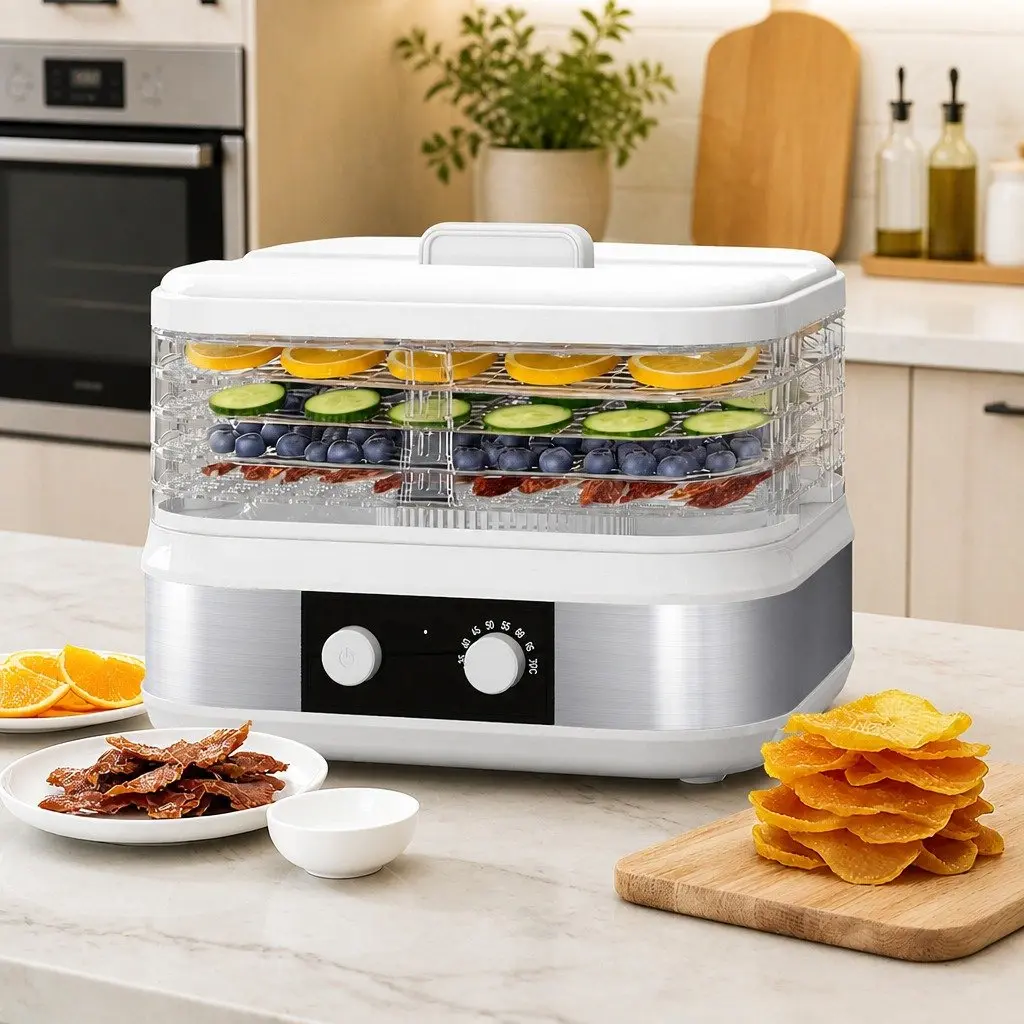Food Dehydrator White 5 Adjustable Trays Stainless Steel Stepless Temperature Control