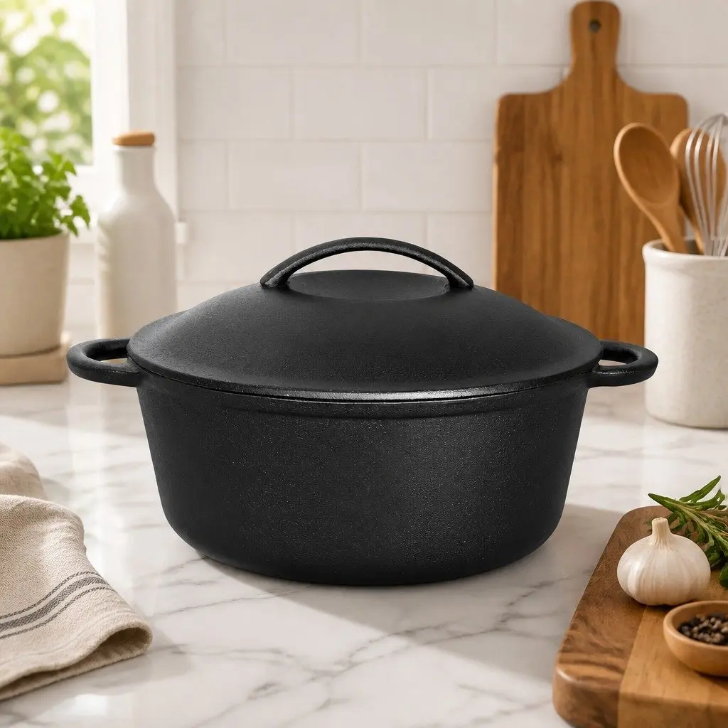 Cast Iron Dutch Oven Black 6.6L Heavy Duty Casserole Pot for Home and Camp Cooking