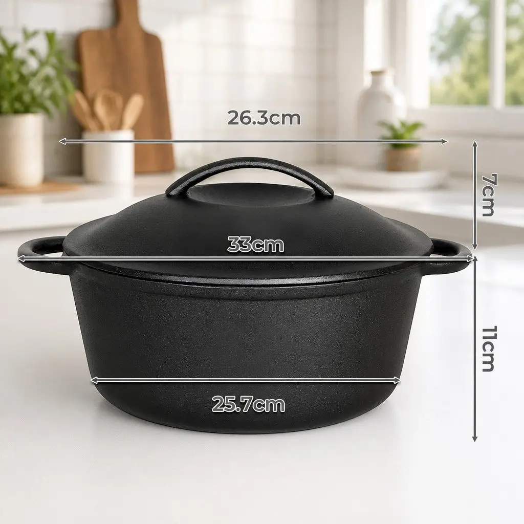 Cast Iron Dutch Oven Black 6.6L Heavy Duty Casserole Pot for Home and Camp Cooking